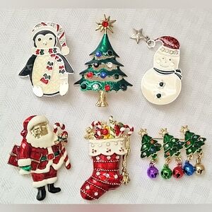 Christmas Holiday Brooch Pin Lot of 6 Costume Jewelry Santa Snowman Tree Penguin